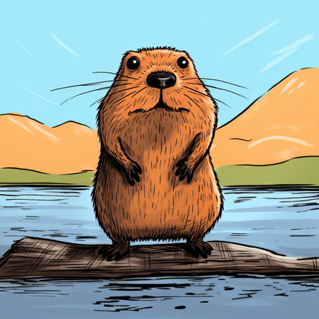 the beaver, depicted in a whimsical and amateurish cartoon style, stands on its hind legs, showcasing its full body, with a rough outline, simplistic facial features, and a chunky tail, evoking a sense of playful innocence and childlike creativity, reminiscent of a kid's doodle or a beginner's art project. ai generatedの素材