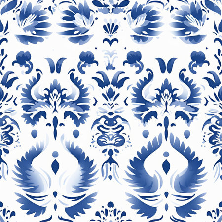 the chinoiserie ikat pattern, characterized by its symmetrical and evenly spaced design, is showcased in high resolution, perfect for wallpaper, fabric, or textile design, featuring intricate botanical motifs and exotic flair, evoking a sense of luxury and sophistication in interior design and decorative arts. ai generatedの素材