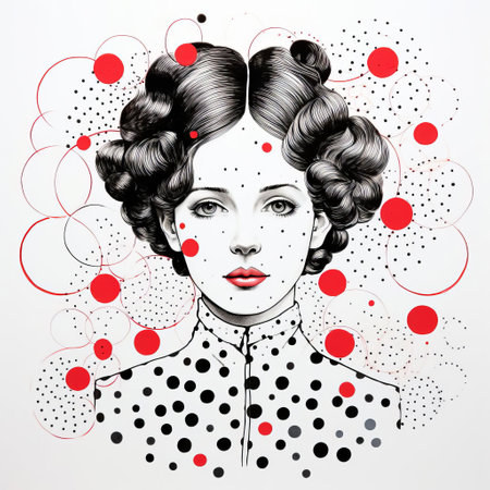 elizabeth, a whimsical illustration of a curious girl, is brought to life in dot style, crafted with fine liner and black lines on a crisp white background, adorned with soft, swirling circles of pastel hues, and punctuated by a questioning mark, inviting the viewer to ponder her thoughts. ai generatedの素材
