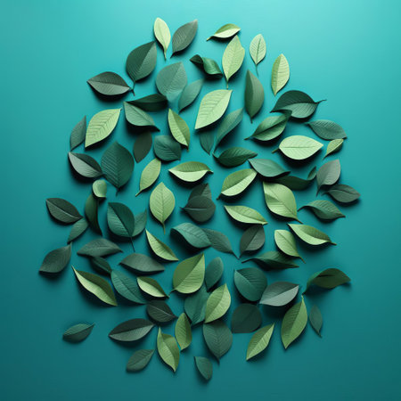the vibrant number eighty, meticulously crafted from a delicate arrangement of autumnal leaves, stands out against a soothing teal background, evoking a sense of natural elegance and sophistication, perfect for nature-inspired designs, botanical art, and earthy aesthetics. ai generatedの素材
