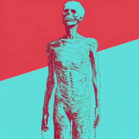 this zombie, a hauntingly beautiful minimal screenprint illustration, is a striking risograph print that showcases the undead creature in a full-body pose, its eerie presence evoking a sense of post-apocalyptic dread, perfect for fans of horror and dark art enthusiasts. ai generatedの素材