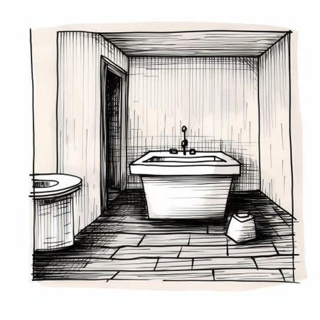 a bathroom sketch, crudely rendered in rough, broad shapes and thick lines, exudes a primitive, simplistic charm, reminiscent of minimalist art, crafted with a black marker or sharpie, evoking a sense of playful, hand-drawn imperfection, perfect for those who appreciate the beauty of simplicity. ai generatedの素材