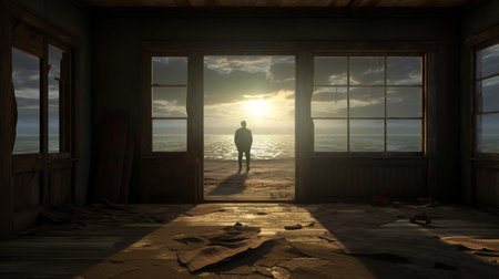 the abandoned mansion, with its cracked windows and worn wooden floors, stands as a testament to time, as a lone traveler, a 110-year-old man carrying a camping bag, cautiously explores the decaying structure, surrounded by vines crawling up the walls, exuding an air of mystery and forgotten grandeur. ai generatedの素材