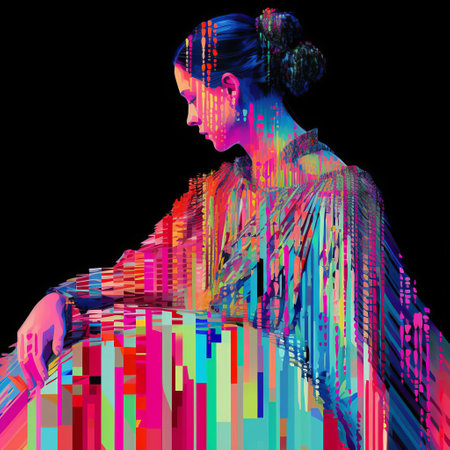 the suffragette, clad in a flowing edwardian dress, stands defiantly amidst a swirling vortex of distorted pixels and glitch art, as the british suffrage movement's fight for women's right to vote is reimagined through a futuristic, y2k-inspired lens, blending past and present in a mesmerizing display of digital dissent. ai generatedの素材