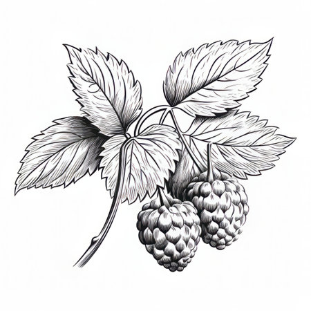 the raspberry leaf, delicately illustrated in a simple yet striking black and white vector drawing, stands alone against a pristine white background, showcasing its intricate veins and serrated edges in stunning detail, perfect for botanical enthusiasts and design projects. ai generatedの素材
