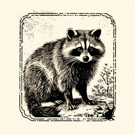 this vintage raccoon stamp, showcased on a pristine white background, boasts an intricate ink line engraving, evoking a sense of nostalgia and classic charm, perfect for collectors of antique prints, enthusiasts of wildlife art, and lovers of traditional illustration techniques. ai generatedの素材