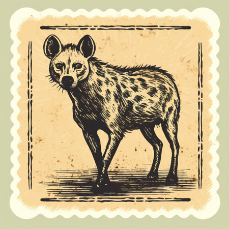 the vintage stamp features a beautifully engraved illustration of a hyena in a traditional line engraving style, printed in vibrant green ink on a crisp white background, evoking a sense of nostalgia and classic elegance, perfect for collectors of rare postage stamps and enthusiasts of wildlife art. ai generatedの素材