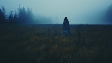 jennifer walks alone through the autumn grass on a cold morning, surrounded by a mystical atmosphere, with a distant glacier looming in the background, as silhouettes of tall trees stand sentinel in the fog-shrouded distance, captured in a lo-fi, instamatic-inspired photograph with a palette of cold blue tones, evoking a sense of serene isolation. ai generatedの素材