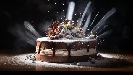 this decadent ice cream cake, adorned with a delicate dusting of powdered sugar, is beautifully backlit to enhance its caramelized sweetness, showcasing the perfect blend of creamy texture and rich flavors, ideal for special occasions and celebrations, such as birthdays, weddings, and anniversaries. ai generatedの素材