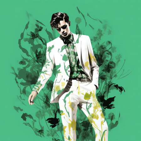 the gentleman, depicted in a striking full-body portrait, exudes elegance and sophistication, reminiscent of cecil beaton's iconic style, with bold, expressionist lines and vibrant green accents, meticulously crafted using a fine-tip pen and wacom tablet, presented in stunning 32k super-resolution uhd quality. ai generatedの素材
