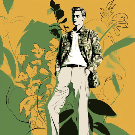 this dashing gentleman, inspired by the iconic style of cecil beaton, is brought to life through a stunning digital drawing created on a wacom tablet, blending the expressive lines of matisse with the precision of a fine-tip pen, set against a striking white and olive backdrop, presented in breathtaking 32k super-resolution uhd quality. ai generatedの素材