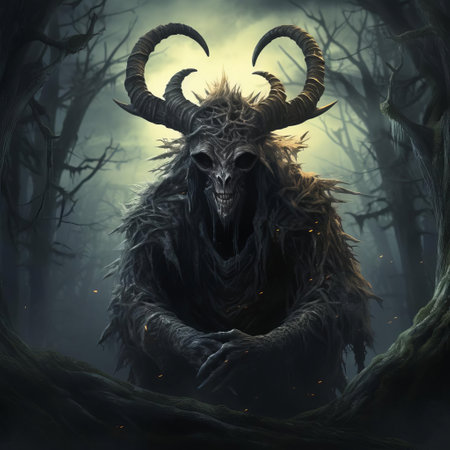 the cursed entity, a terrifying creature born from the darkest corners of nightmares, emerges from the shadows, its twisted, elongated body adorned with ancient, mystical symbols, as it prepares to unleash unholy rituals, summoning an era of darkness and despair, amidst a backdrop of eerie, flickering candles and mysterious, arcane artifacts. ai generatedの素材