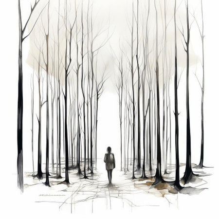 the forest landscape stretches across the frame, depicted in a continuous line art style, showcasing the intricate details of the trees and foliage, set against a crisp white background, evoking a sense of serenity and tranquility, perfect for nature lovers and art enthusiasts alike. ai generatedの素材