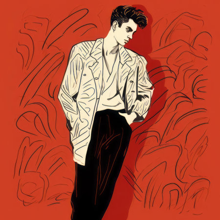 the gentleman, depicted in a stunning full-body portrait, exudes elegance and sophistication, reminiscent of cecil beaton's iconic style, with bold, expressionist lines and delicate fine-tip pen details, set against a crisp white and ivory backdrop, showcasing the artist's mastery of digital drawing on a wacom tablet, resulting in a breathtaking 32k, super-resolution, uhd masterpiece. ai generatedの素材