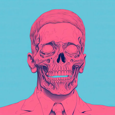 this zombie's haunting gaze is captured in a stunning minimal screenprint illustration, presented as a vibrant risograph print, showcasing the undead creature's eerie head, perfect for fans of dark art and horror enthusiasts. ai generatedの素材