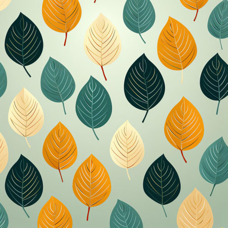 autumn background featuring seamless watercolor with vibrant autumn leaves and foliage. the artwork is inspired by the playful streamlined forms of lowell herrero, showcasing a mix of dark turquoise and light yellow hues. the naive style painting incorporates light green and dark beige tones, reminiscent of the beautiful norwegian nature. a retro vintage touch adds to the overall charm of the composition. ai generatedの素材