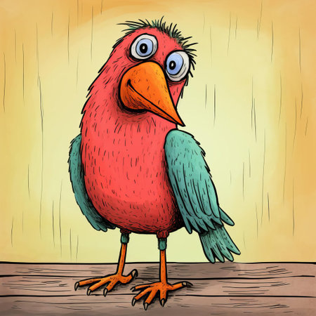 the parrot, depicted in a whimsical yet amateurish cartoon sketch, showcases its vibrant plumage and playful demeanor, with bold lines and bright colors bringing this full-body illustration to life, evoking a sense of childlike wonder and carefree joy, perfect for kids' bedrooms or playful office decor. ai generatedの素材