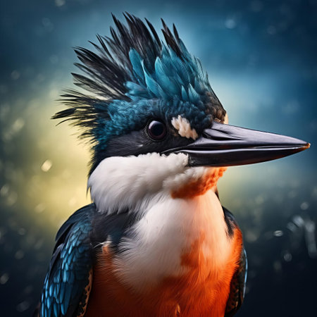the belted kingfisher, with its striking turquoise and white plumage, gazes intensely into the lens, its bright, inquisitive eyes and sharp, pointed beak showcased in stunning detail, set against a blurred, dreamlike background, evoking a sense of mystique and wonder in this surreal wildlife photography portrait. ai generatedの素材