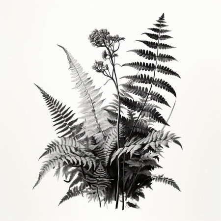 the fern, a lush and vibrant green plant, is beautifully depicted in this high-definition black and white ink illustration, showcasing its delicate fronds and intricate details, perfect for nature lovers, botanical enthusiasts, and those who appreciate elegant monochromatic artwork. ai generatedの素材