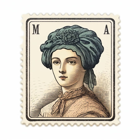 this vintage stamp features an isolated old print of mia on a white background, showcasing a beautiful color palette and intricate line engraving details, reminiscent of a bygone era, perfect for collectors and enthusiasts of antique postal stamps and philately. ai generatedの素材