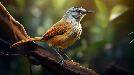 the babbler, a stunning species of bird, is majestically captured in this photo-realistic image, highlighting its vibrant plumage, intricate feather patterns, and striking facial features, showcasing the beauty of these social birds that thrive in tropical forests and woodlands. ai generatedの素材