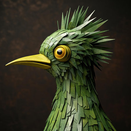 this vibrant green bird figurine, crafted from papier mache, showcases intricately painted eyes, reminiscent of the inventive character designs of evgeni gordiets, clemens ascher, and didier lourenco, featuring spiky mounds and concrete textures, captured in a stunning close-up shot, highlighting its unique, whimsical charm. ai generatedの素材