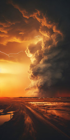 the stormy landscape unfolds with an ethereal evening glow, captured through the lens of a 35mm camera, evoking a photorealistic quality reminiscent of kodak film, transporting viewers to a dramatic and intense atmospheric scene, perfect for 4k resolutions. ai generatedの素材