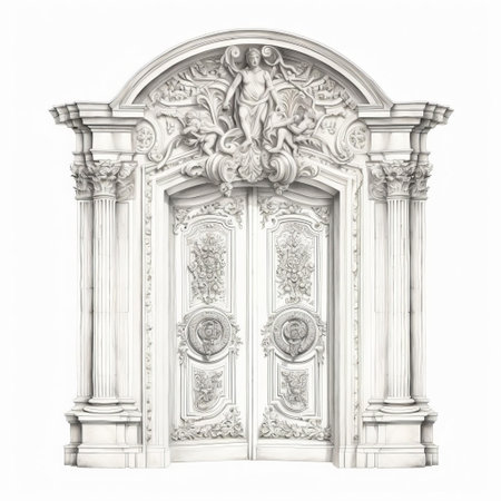 the renaissance art-inspired door drawing, isolated on a pristine white background, showcases intricate ornate details and classical motifs, evoking the grandeur of 15th-century italian architecture, perfect for art lovers, designers, and history enthusiasts seeking elegant vintage designs and classic illustrations. ai generatedの素材