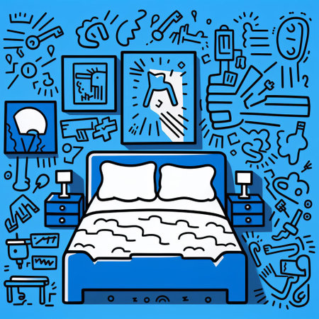 this vibrant bedroom illustration, reminiscent of keith haring's iconic style, features a serene blue background, minimal colors, and bold lines, evoking a sense of modern simplicity and artistic flair, perfect for fans of contemporary art and interior design inspiration. ai generatedの素材