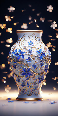this exquisite ancient ceramic vase, adorned with an intricate floral pattern, sits elegantly against a pristine white background, its delicate features and glittering accents showcased in stunning high definition, thanks to a 50mm macro lens, evoking a sense of luxury and refinement in ancient art and decorative ceramics. ai generatedの素材