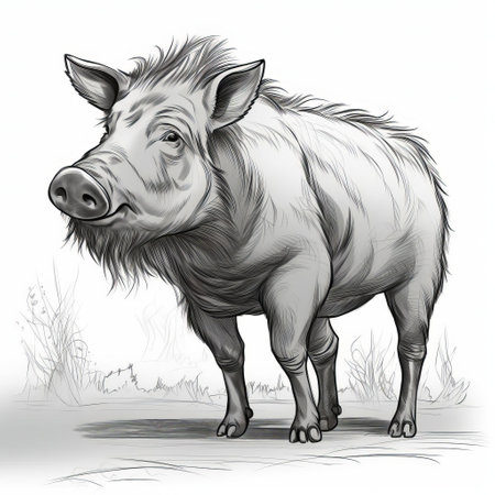 a black and white drawing of a boar, showcasing intricate details in the style of character illustrations. the artwork features ambient occlusion, with shades of light gray and light crimson. the boar is depicted in a caricatured manner, reminiscent of the prairiecore aesthetic. this digitally enhanced piece draws inspiration from the works of arthur sarnoff. ai generatedの素材
