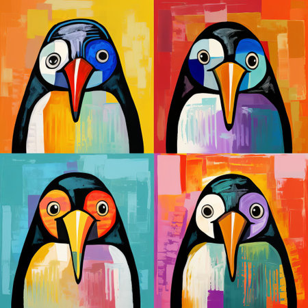 this vibrant penguin, reimagined in the iconic style of andy warhol, is presented in a stunning quartet of portraits, each one fragmented and reassembled in a mesmerizing display of cubist artistry, bursting with a kaleidoscope of colors that pop against a bold, graphic backdrop. ai generatedの素材