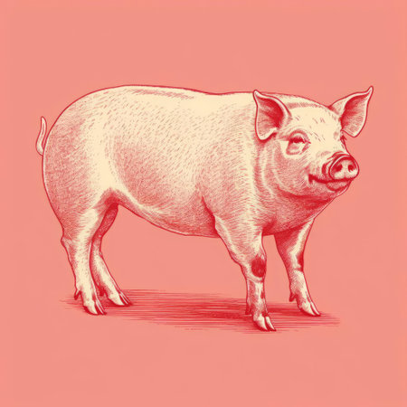 this adorable pig illustration, rendered in a minimalist style, is showcased in a vibrant risograph print, featuring the full body of the lovable animal, perfect for animal lovers and art enthusiasts alike, adding a touch of whimsy to any room's decor with its playful and modern aesthetic. ai generatedの素材