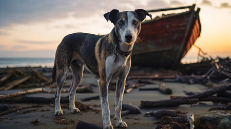 a lurcher dog stands majestically amidst the remnants of a decaying shipwreck on a desolate beach, with powerful waves crashing in the background, capturing the essence of a dramatic coastal landscape, evoking feelings of solitude and mystery, perfect for themes of adventure, exploration, and the great outdoors. ai generatedの素材
