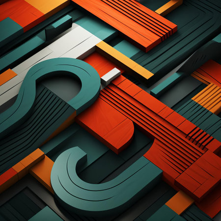 this vibrant abstract rug showcases a mesmerizing blend of striped patterns, reminiscent of modular constructivism, boasting balanced symmetry and intricate colorful woodcarvings. dark gray and crimson hues mingle with light emerald and orange tones, creating vividly bold designs that draw attention to the carefully crafted joints and connections. ai generatedの素材