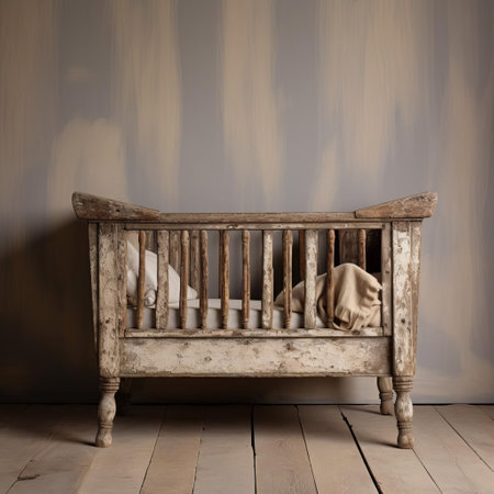 this vintage cot, showcasing the natural grain, cracks, and peeling paint, captures the rustic charm of a bygone era, evoking feelings of nostalgia and warmth, perfect for adding a touch of distressed elegance to any rustic, farmhouse, or country-inspired decor. ai generatedの素材
