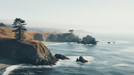 the peninsula stretches into the tranquil waters, surrounded by lush greenery, exuding a serene and calming vibe, perfect for relaxation and meditation, evoking feelings of peace and tranquility, with the gentle lapping of waves against the shore, creating a sense of calmness and serenity in nature. ai generatedの素材