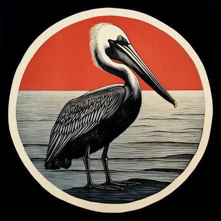the pelican, majestically perched on a subtle wave, is beautifully depicted in this stunning woodblock print illustration, showcasing a minimalist design aesthetic with a striking one-color palette, evoking a sense of serenity and simplicity, perfect for nature lovers and art enthusiasts alike. ai generatedの素材
