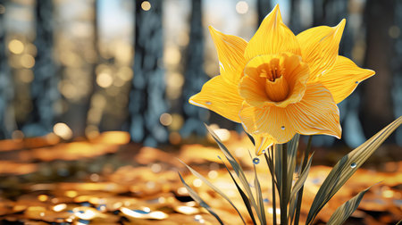 the daffodil stands tall, its bright yellow petals shining like a beacon amidst the warm, vibrant autumn colours, as the gentle sunshine filters through the leaves, capturing the essence of the season in this stunning, hyperrealistic hd image, expertly captured with a canon 8k camera. ai generatedの素材