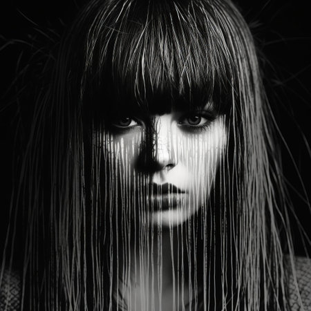the fringe, a stylish and trendy hairstyle, is showcased in this unique image, featuring bad photocopy lines that add a quirky and retro touch, reminiscent of 80s and 90s nostalgia, perfect for fans of vintage aesthetics and grunge fashion. ai generatedの素材