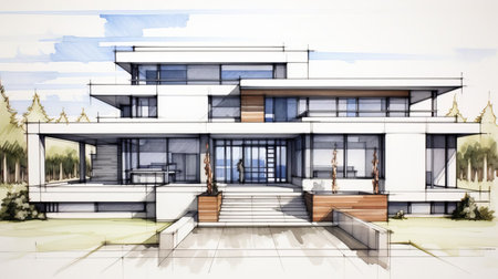 this modern luxury villa's facade elevation, roughly sketched with delicate pencil lines, showcases a sophisticated blend of clean lines, minimalist aesthetics, and sleek architecture, evoking a sense of opulence and refinement, perfect for a luxurious dream home or upscale residential project. ai generatedの素材