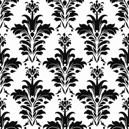 a black and white floral seamless pattern featuring detailed background elements, flowing draperies, and a bold graphic composition. this clean and simple design incorporates elements of stencil art and baroque-punk style, with a focus on the texture of fur and feathers. ai generatedの素材