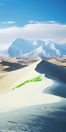 the mystical landscape unfolds with a surreal rub' al khali of vibrant green sand, juxtaposed against a serene oasis, and snow-capped nordic-inspired mountains rising majestically in the background, while a gentle hill slopes softly in the foreground, all captured in exquisite detail through the lens of a 70mm film camera, showcasing expertly controlled depth of field and tilt blur techniques to evoke a sense ofの素材