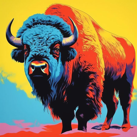 this vibrant bison, reminiscent of andy warhol's iconic silkscreen prints, showcases a stunning, attractive creature in bold, bright colors, blending pop art flair with the majesty of the american wilderness, evoking a sense of nostalgia and modernity in this unique artistic fusion. ai generatedの素材