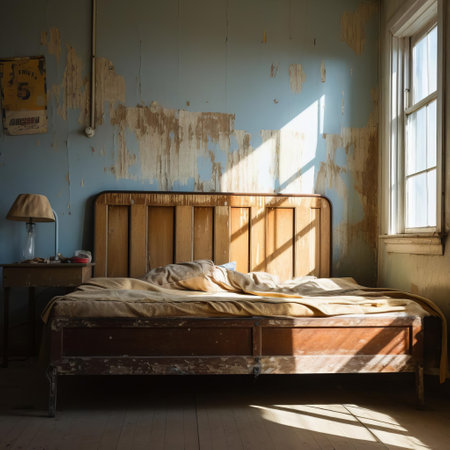 this vintage dormitory bed showcases the natural grain, cracks, and peeling paint, capturing the rustic charm of a bygone era, evoking feelings of nostalgia and simplicity, perfect for those who appreciate distressed decor, antique furniture, and retro aesthetics in their home or rustic cabin. ai generatedの素材