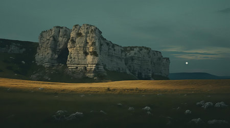 the karst landscape in champagne country side is bathed in a warm, muted light as dusk falls, with a large moon hanging low in the sky, evoking a sense of nostalgia with its analog aesthetics reminiscent of the 1970s, captured in stunning 8k resolution with a wide-angle lens, exuding a cinematic quality. ai generatedの素材