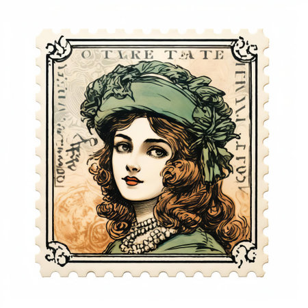 an art nouveau-inspired stamp drawing featuring an old woman wearing a hat. the intricate design showcases nature-inspired elements in light emerald and navy colors. created by hajime yatate, this piece captures the essence of romantic depictions of historical events. it also draws inspiration from feminine sticker art and the feminine portraiture style of ettore tito. ai generatedの素材