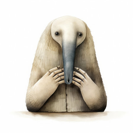 this adorable anteater, illustrated by renowned artist jon klassen, is caught in a playful moment, with its hand stuck in its mouth, accompanied by a cheeky snicker emoji, showcasing its quirky personality against a clean, distraction-free background. ai generatedの素材