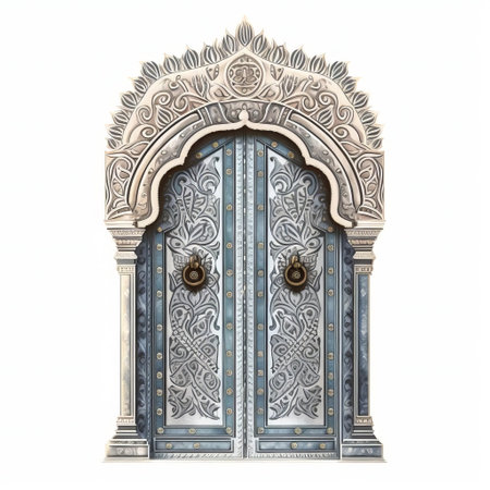 the indian art retro door drawing, isolated on a crisp white background, showcases vibrant colors and intricate patterns, blending traditional indian motifs with modern flair, evoking a sense of cultural heritage and artistic expression, perfect for design enthusiasts and art lovers alike. ai generatedの素材