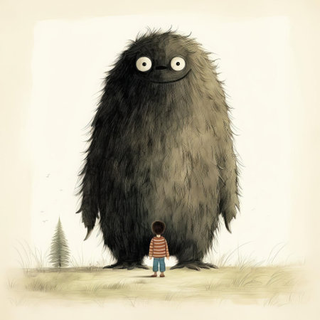 the monster, a fantastical creature, stands proudly in a blank space, showcasing its vibrant, whimsical design, crafted by renowned artist jon klassen, in a stunning full-body portrait, highlighting its intricate details and playful demeanor, perfect for fans of imaginative art and illustration. ai generatedの素材